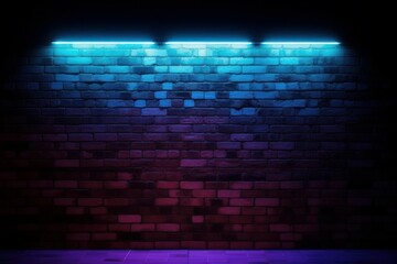 Brick wall background with neon light. AI generated, human enhanced.