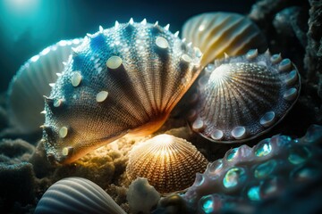 Wall Mural - Close Up Of Seashells Underwater. AI generated, human enhanced.