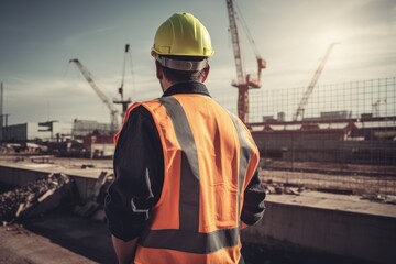 Civil engineer from the back, construction area in the background. Generative AI