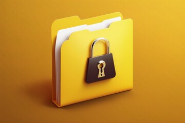 File folder and padlock illustration, privacy concept, yellow background. Generative AI