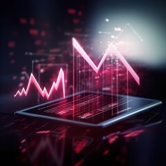 Poster - Increasing red arrow graph in digital tablet computer with business data report, profit growth, and virtual interface.Growing business, Digital marketing technology. generative ai
