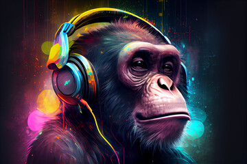 Wall Mural - Funny monkey wearing big retro headphones with neon colors