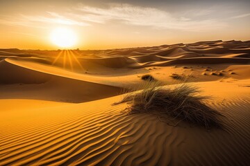 Wall Mural - desert dunes, with view of the setting sun, creating a warm and golden glow, created with generative ai