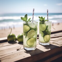 Poster - mojito cocktail on wooden table. generative ai