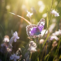 Poster - Spring flower and butterfly on an abstract nature spring background. Generative AI