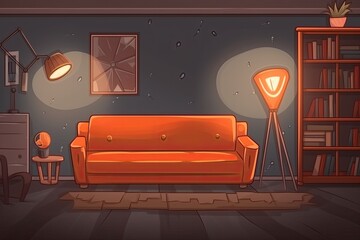 Canvas Print - cozy living room with a comfortable couch and a bookshelf. Generative AI