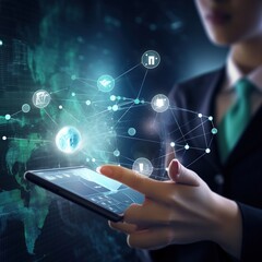 Poster - Digital marketing and technology. Financial and banking services with global network connections on investor and customer data exchange and development . generative ai