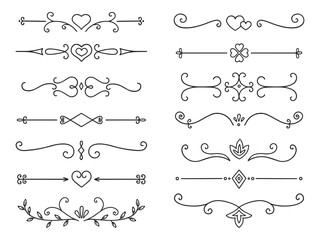 Text dividers doodle set. Wedding decorative elements with leaves, swirls, hearts. Divider ornament, borders, lines. Hand drawn vector illustration isolated on white background