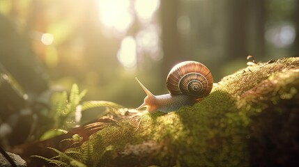 A detailed description of a snail carrying its shell while crawling on a mossy tree branch in a forest illustrations, ai art