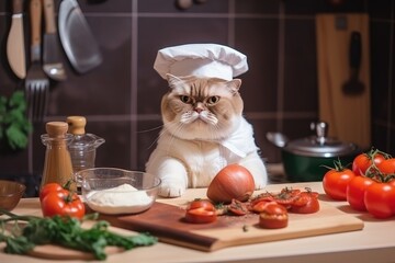Wall Mural - cat chef, preparing dish with fresh ingredients for dinner, created with generative ai