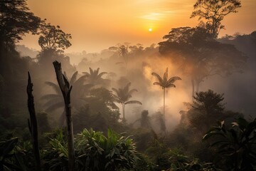 Wall Mural - smoky jungle, with view of the sunset and the silhouette of trees, created with generative ai