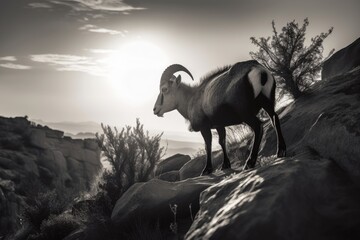 Wall Mural - black-and-white ibex grazing on rocky cliffside, with the sun setting in the background, created with generative ai