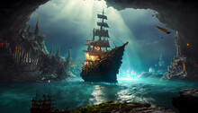 Cave In The Ship In The Sea,an Underground Ocean, A Pirate Ship In The Foreground, Fantasy City On Island In The Distance As Focal Point, Dark Colors, Realistic, Nighttime, Stone Ceiling, Glowing