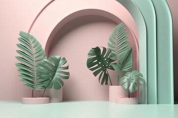 3D render podium, showcase with shadows on pastel background with tropical leaves of plants. Mock up