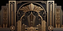 Abstract Art Deco. Great Gatsby 1920s Geometric Architecture Background. Retro Vintage Black, Gold, And Silver Roaring 20s Texture.	