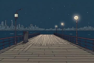 Sticker - city pier at night with city lights in the background. Generative AI