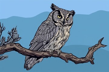 Canvas Print - an owl perched on a tree branch at night. Generative AI