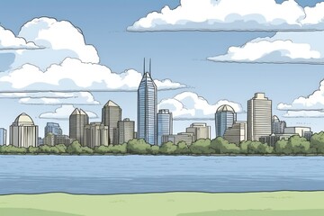 Sticker - cityscape with a serene lake as its foreground. Generative AI