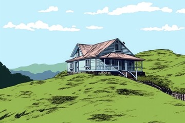 Canvas Print - cozy cottage nestled on a hilltop surrounded by nature. Generative AI