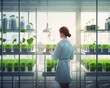 A female bioresearcher examines the plants being grown in a research greenhouse - generative AI