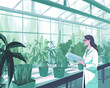 A female biology researcher checks her notebook while examining plants in a research greenhouse - generative AI