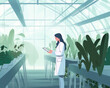 Biology researcher checking notes while inspecting plants in a research greenhouse - generative AI