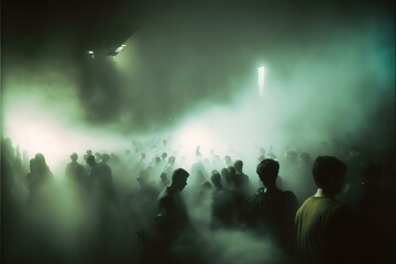 Nightclub with misty smoke environment, dreamy silhouette crowd dancing along with the music, rave party with techno theme with DJ live performance in music festival. Superb Generative AI.