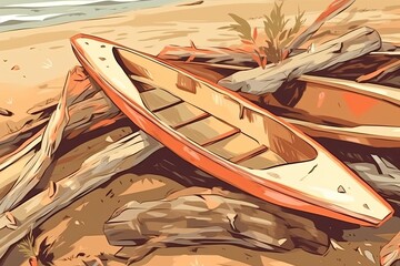 Sticker - two boats beached on a sandy shore. Generative AI