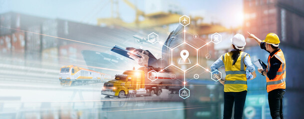 Aufkleber - Transportation and logistics network distribution growth. .Engineers online checking, Management and control cargo trucks working, Business logistic import export and transport industry.