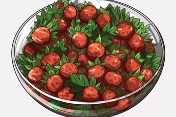 Sticker - fresh and juicy bowl of red strawberries with green leaves. Generative AI