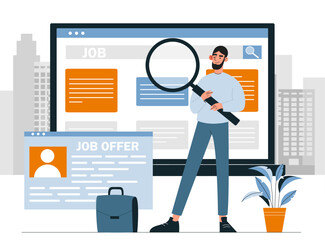 Wall Mural - Job search concept. Man with magnifying glass stands near screen of computer or laptop. Carefree and job candidate. Young guy looking for employment, vacancy. Cartoon flat vector illustration