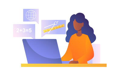 Poster - Online education concept. Woman sits at laptop and solves mathematical and geometric problems. Distance test or exam at school or university. Remote lessons. Cartoon flat vector illustration
