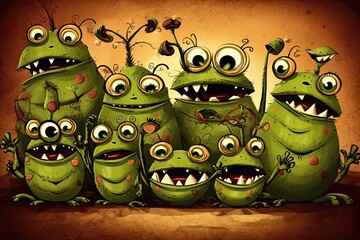 Poster - group of menacing green monsters with open mouths. Generative AI