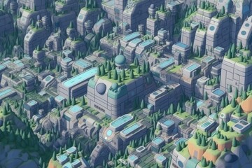 Poster - futuristic cityscape with towering skyscrapers and flying vehicles. Generative AI