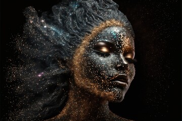 Wall Mural - Contemporary abstract art woman melting portrait with skin of glistening space and universe in mycelia pattern, body cover with bright star of the starry night. Superb Generative AI