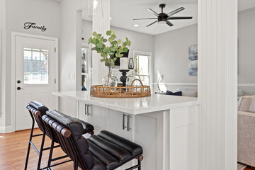 Wall Mural - Modern Minimalism Kitchen Design with White Tiles, Quartz Countertops, and Stainless Steel Appliances