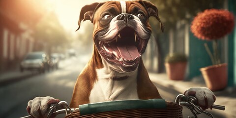 Boxer dog have fun bicycle ride on sunshine day morning in summer on town street