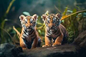 Wall Mural - Sweet tiger cubs portraits in a jungle