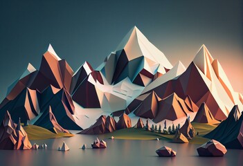 Low poly mountains landscape. Polygonal background. Generative AI