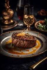 Wall Mural - expensive steak meal on a luxury plate golden design. generative AI