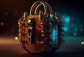 Cyber Security. Symbolic padlock in electronic cyberspace. Generative AI