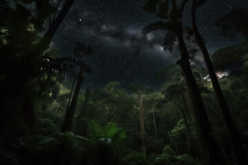 Wall Mural - dark rainforest at night, with stars shining overhead, created with generative ai