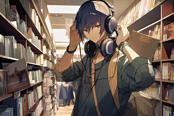 Handsome man with headphones standing in the library, Generative AI