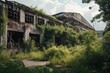 ruined factory with broken windows and collapsed roof, surrounded by overgrown vegetation, created with generative ai