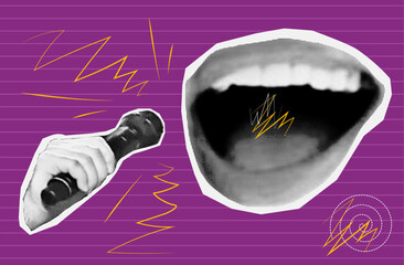 Public speaker, halftone collage. Female mouth with microphone in hand. Interview, news, speech, presentation, discussion or public speaking. Loud voice, cry, song or karaoke. Contemporary art, vector
