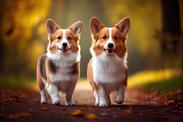 Wall Mural - two cute dogs, side by side, walking in park, created with generative ai