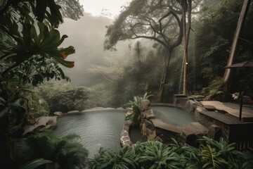 Wall Mural - smoky jungle with view of towering waterfall and tranquil pool, created with generative ai