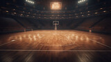 Fototapeta Sport - 3d render of an empty basketball court with lights and wood floor