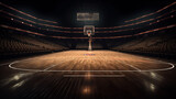Fototapeta Sport - 3D rendering of an empty basketball court with lights on the floor