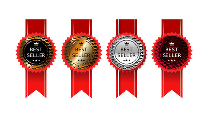 Best seller sticker label set with gold medal and red ribbon isolated fit for mark best seller product, book cover label, vector illustration, 